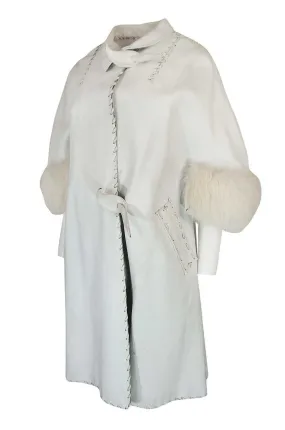 1950s White Leather Tent Coat With Whip Stitch & Fur Cuffs