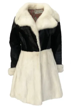 1960s Mod Black and Ivory Contrasting Graphic Fur Coat w Paisley Lining