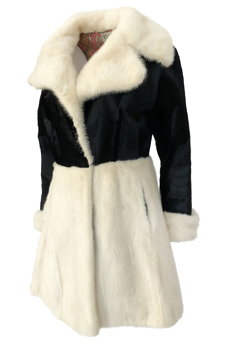 1960s Mod Black and Ivory Contrasting Graphic Fur Coat w Paisley Lining