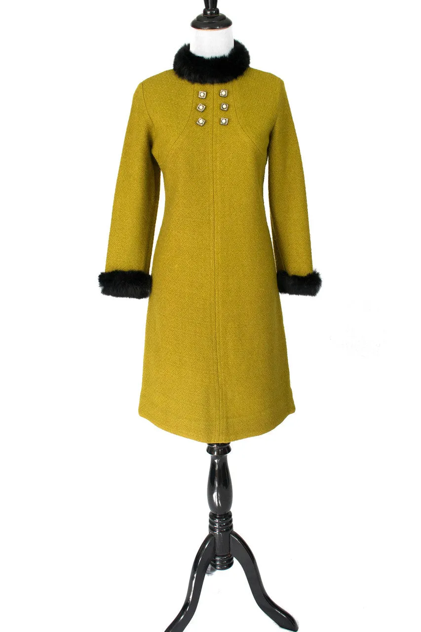 1960s Mod Chartreuse Vintage Shift Dress with Fur Trim