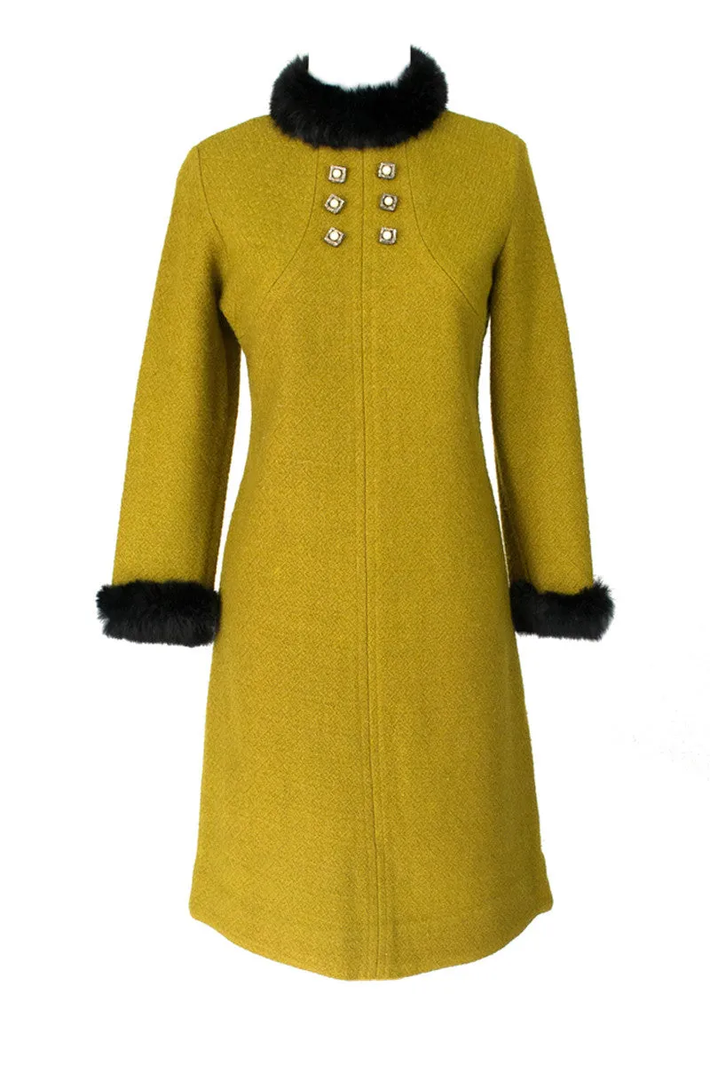 1960s Mod Chartreuse Vintage Shift Dress with Fur Trim