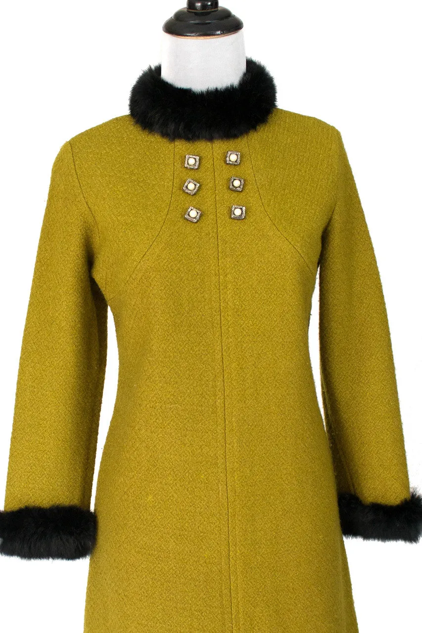 1960s Mod Chartreuse Vintage Shift Dress with Fur Trim