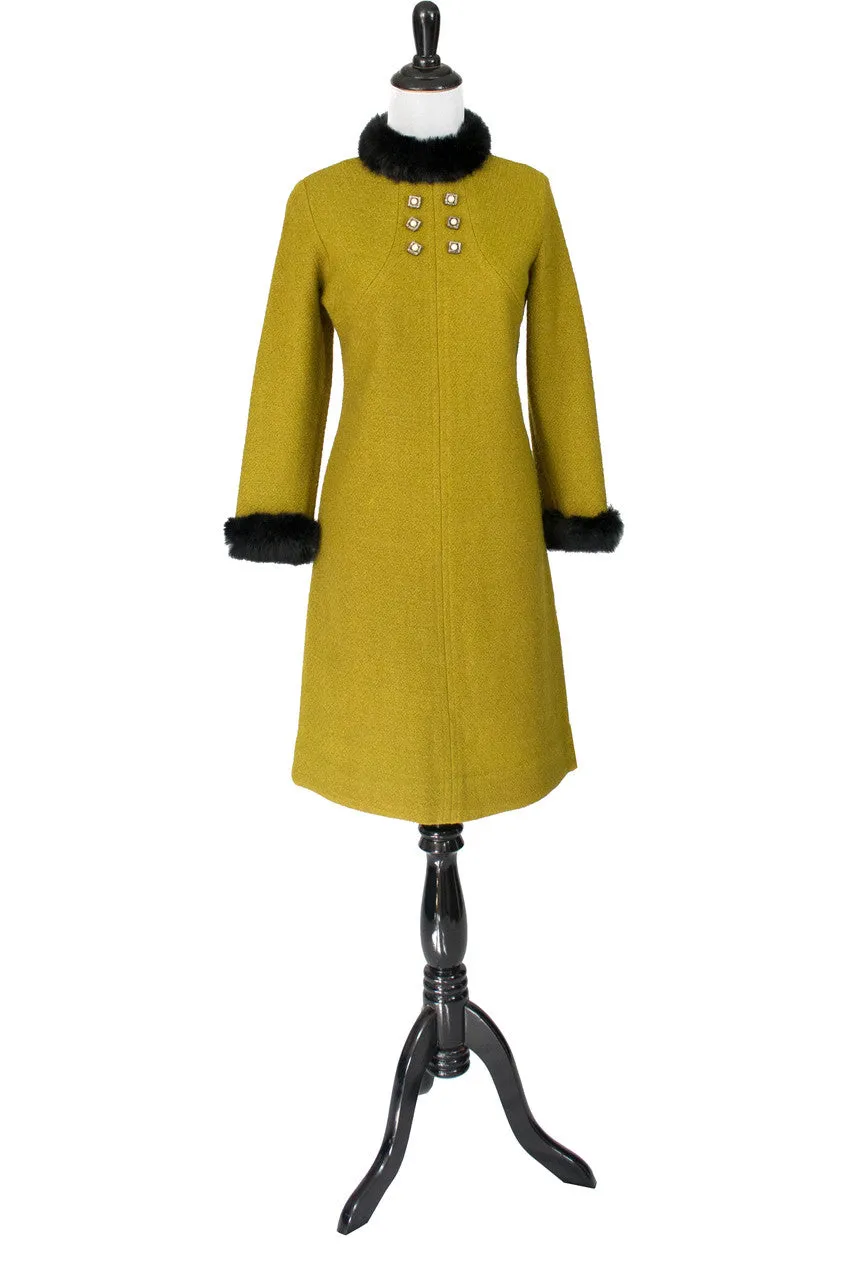 1960s Mod Chartreuse Vintage Shift Dress with Fur Trim