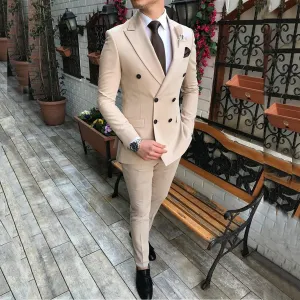 2020 New Beige Men's Suit 2 Pieces Double-Breasted Notch Lapel Flat Slim Fit Casual Tuxedos For Wedding(Blazer Pants)