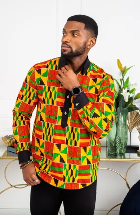 African Mens Shirts | Mens Ankara Shirt - Mens Long-sleeve Polo - KENDRICK