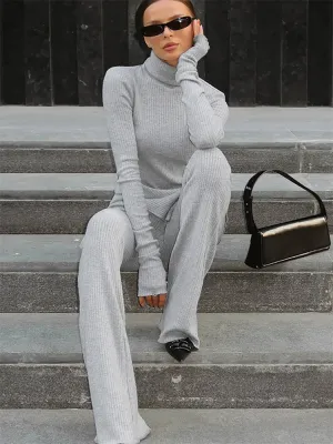 Amozae Female Autumn 2 Piece-Set Flared Trousers Female Slim Long Sleeve Turtleneck Pullover And High Waist Women's Pants Sets