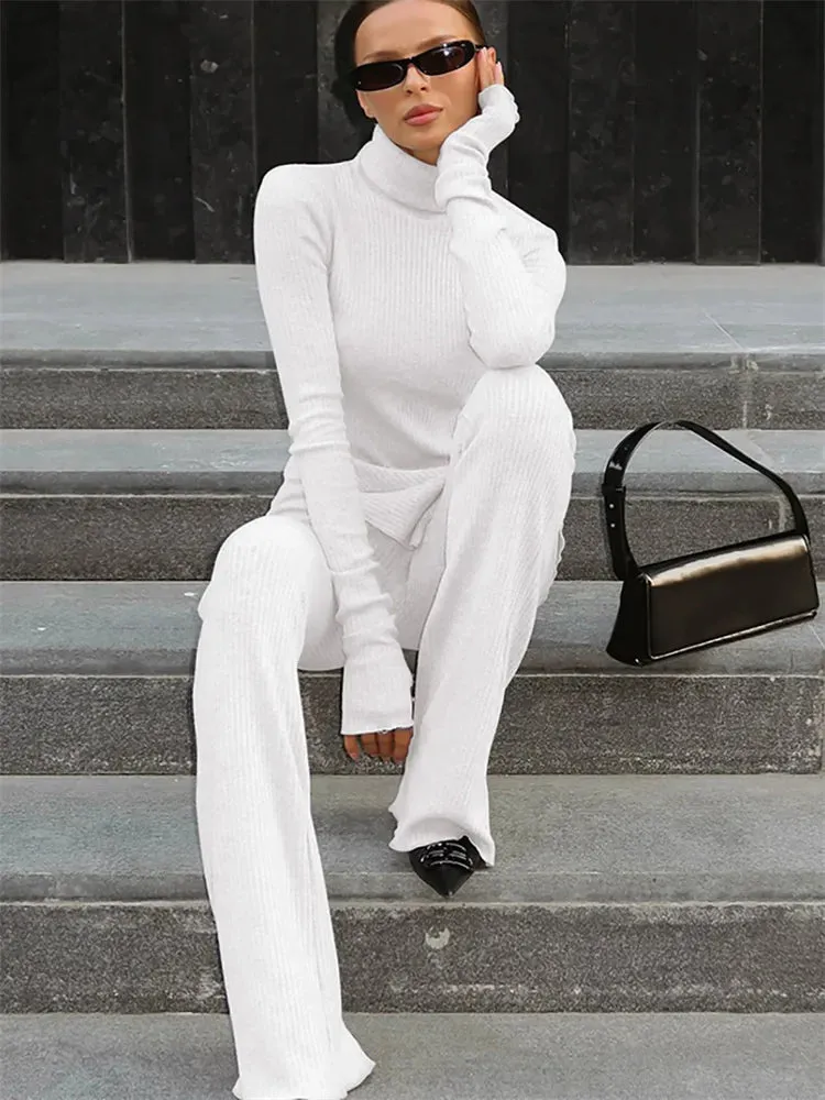 Amozae Female Autumn 2 Piece-Set Flared Trousers Female Slim Long Sleeve Turtleneck Pullover And High Waist Women's Pants Sets