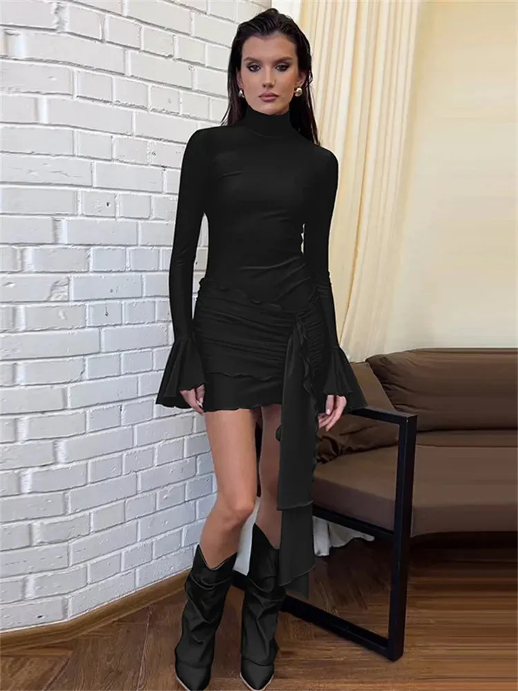 Amozae Sexy Skinny Ruffled Mini Dress Female Long Sleeve Turtleneck Slim Fashion Tassel Elegant Party Dress Autumn Women's Dress