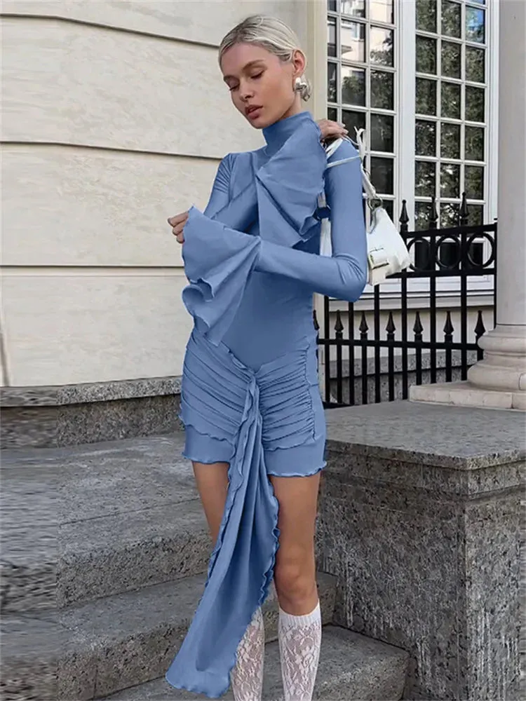 Amozae Sexy Skinny Ruffled Mini Dress Female Long Sleeve Turtleneck Slim Fashion Tassel Elegant Party Dress Autumn Women's Dress