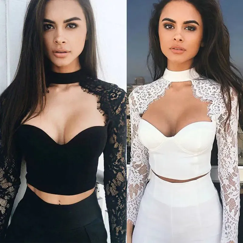 Amozae-Summer Fashion Women Sexy Cutout Long Sleeve Lace Shirt Tops Blouse  Crop Tops White Black