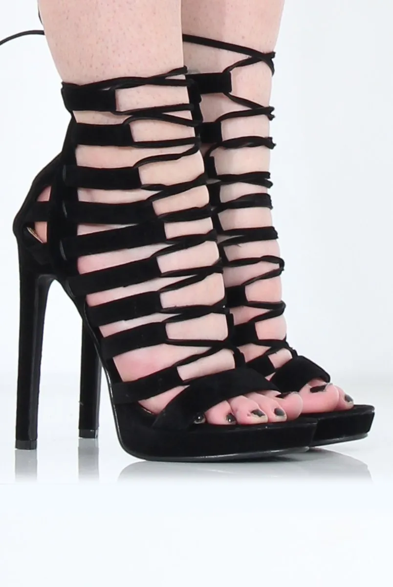 Angel Black Suede Caged Platform Heels