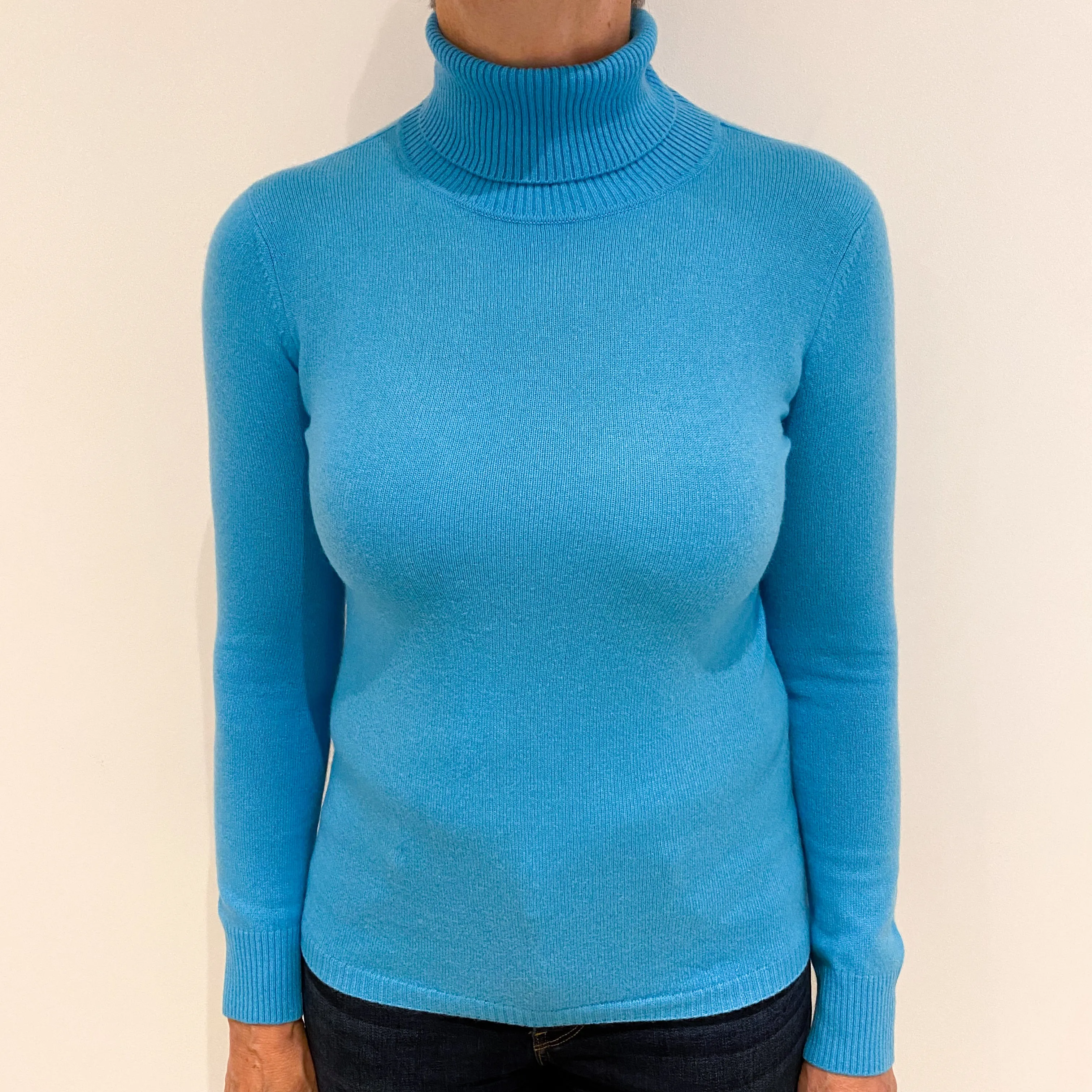 Aqua Blue Cashmere Polo Neck Jumper Medium Slim