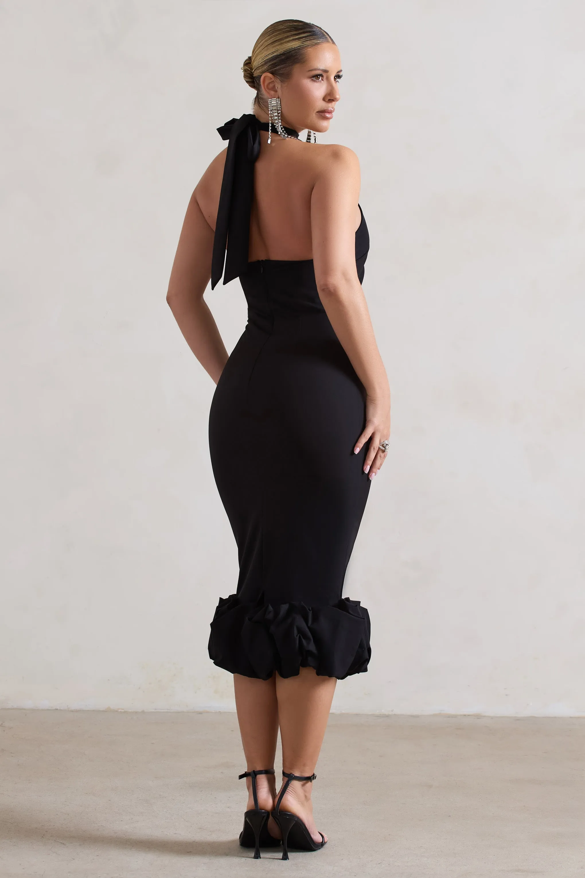 Ashton | Black High-Neck Midi Dress With Ruffle Hem