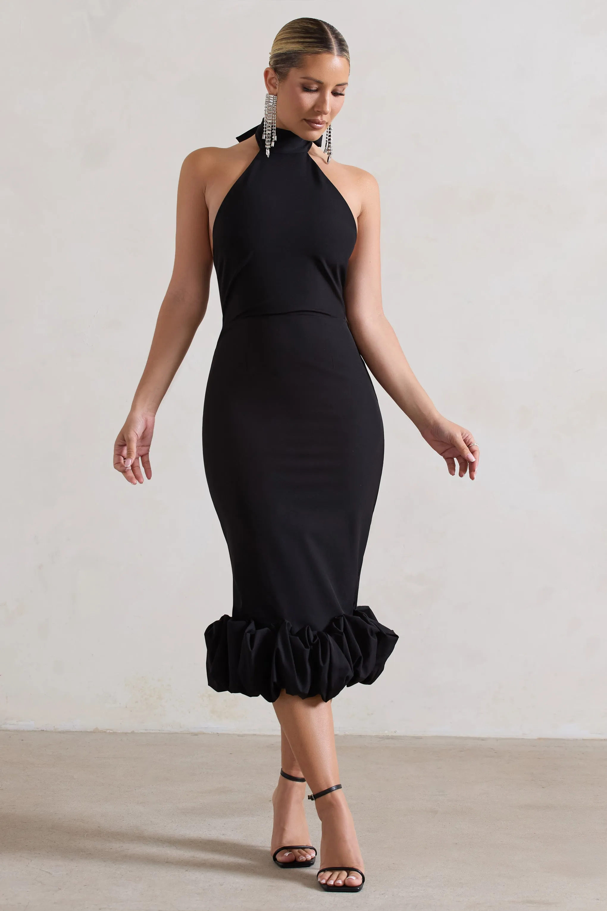 Ashton | Black High-Neck Midi Dress With Ruffle Hem