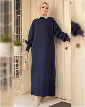 Aya Woolen Long Dress in Navy  Shade   فستان آية الطويل من قماش الصوف الناعم باللون الكحلي الجميل