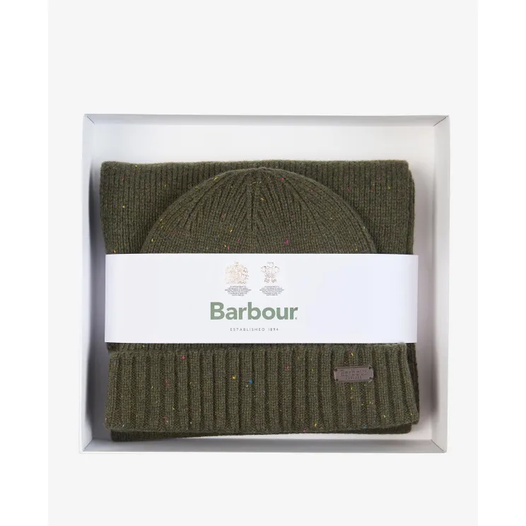 Barbour Carlton Fleck Beanie & Scarf Gift Set Olive MGS0047OL31