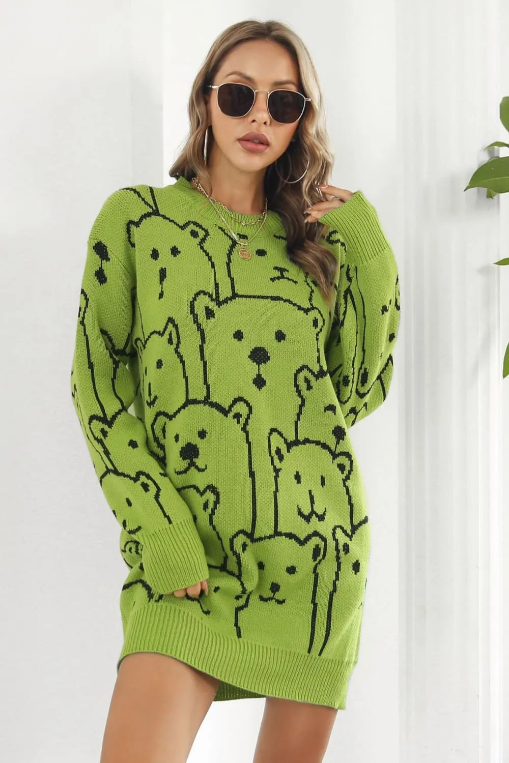 Bear Pattern Round Neck Sweater Dress