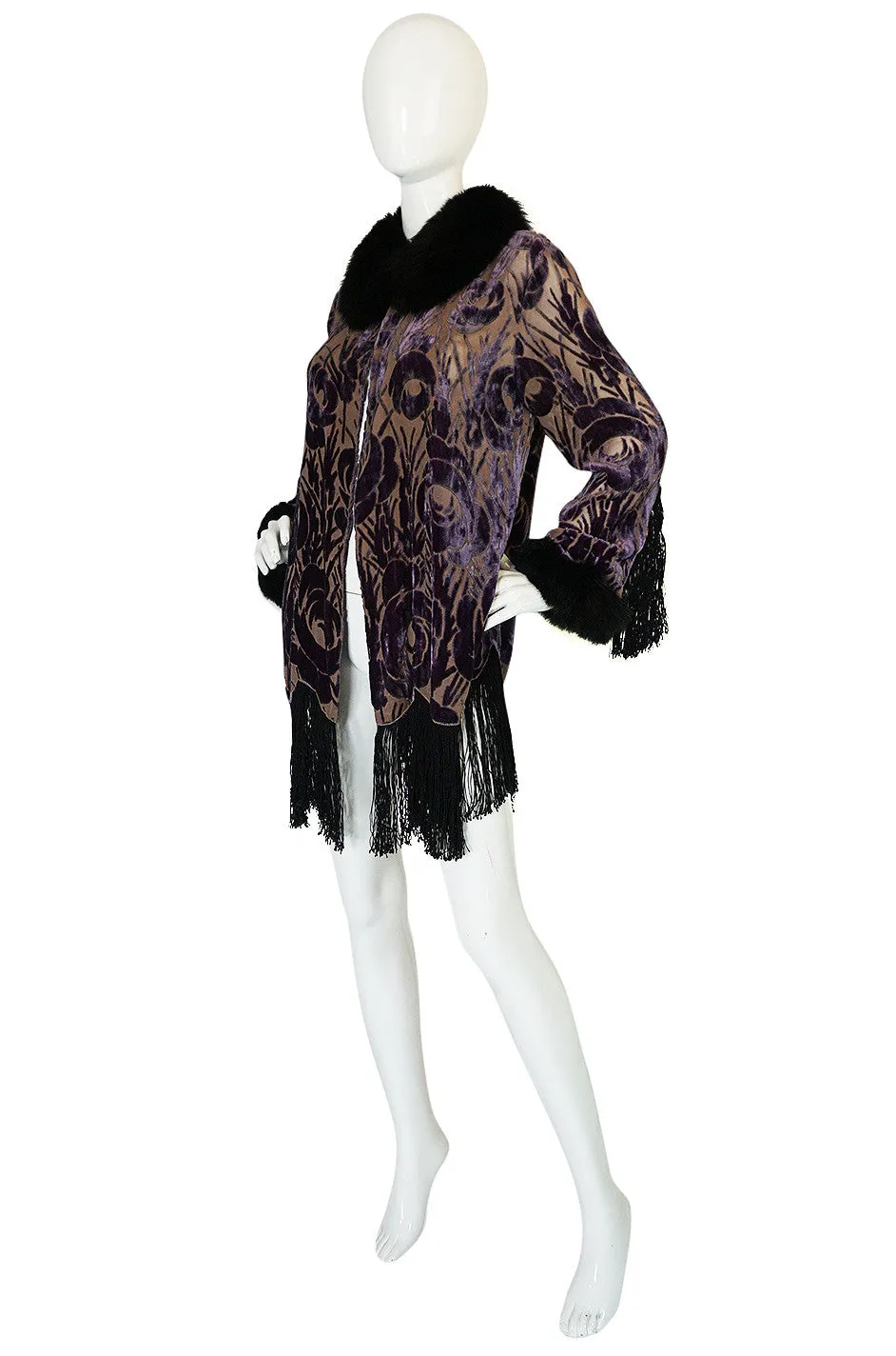 Beautiful 1920s Voided Velvet, Fur & Silk Fringe Jacket