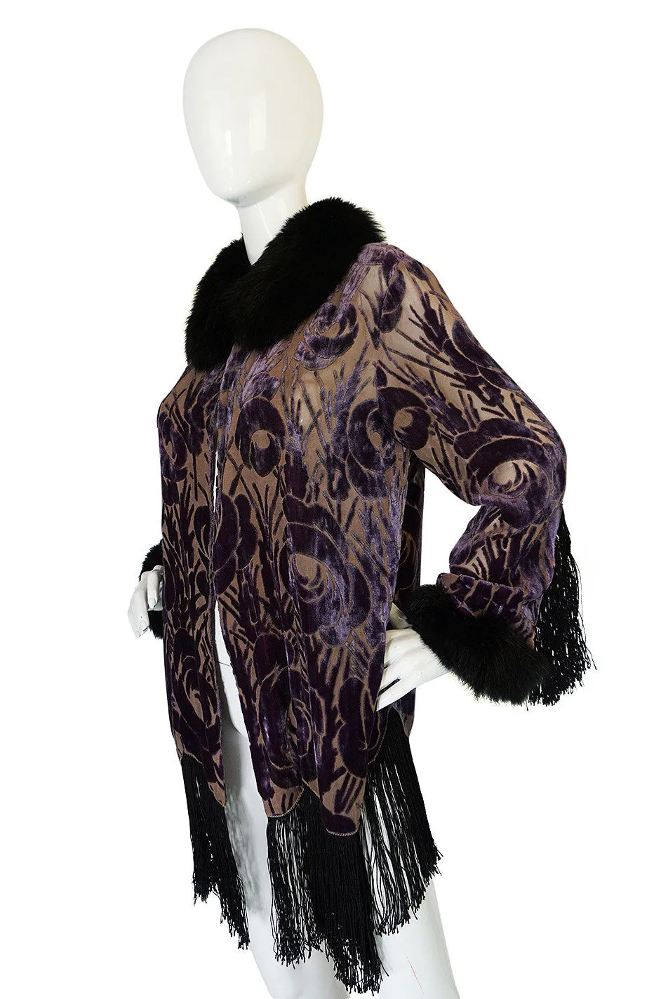 Beautiful 1920s Voided Velvet, Fur & Silk Fringe Jacket