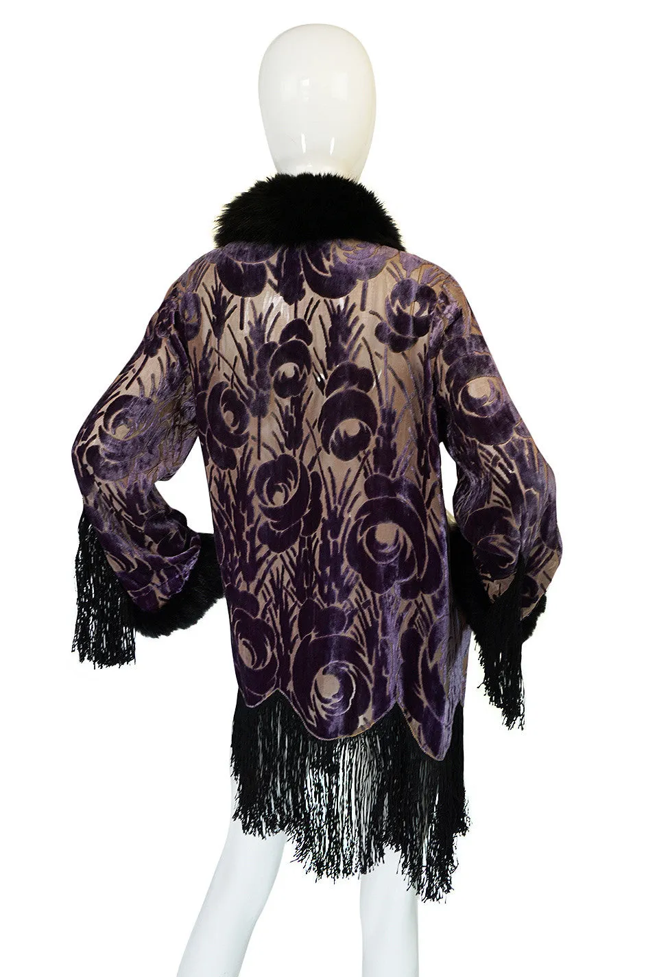 Beautiful 1920s Voided Velvet, Fur & Silk Fringe Jacket