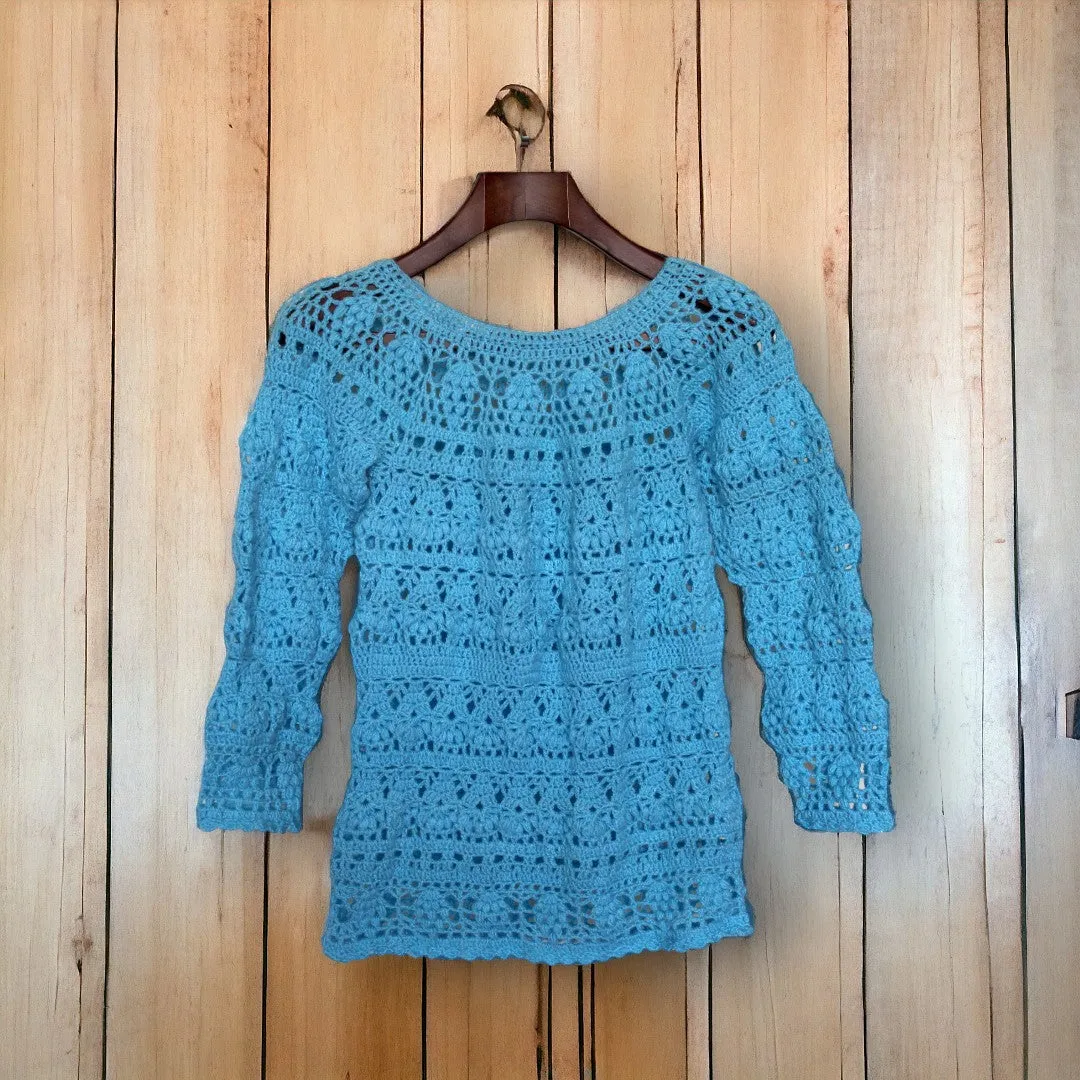 Beautiful Cyan Color Handmade Crochet Long Sleeve Top For Women/Girls