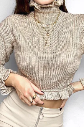 Beige Ruffle Hem Chunky Knit Crop Jumper - Alannah