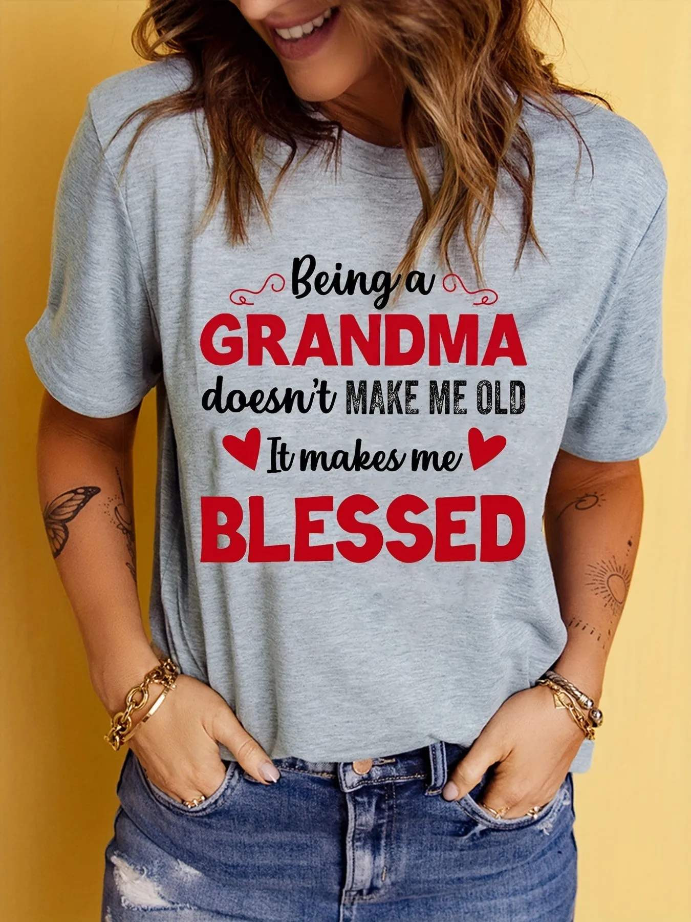 'Being a Grandma' Letter Print T-Shirt, Mother's Day Short Sleeve Crew Neck Casual Top For Spring & Summer, Women's Clothing