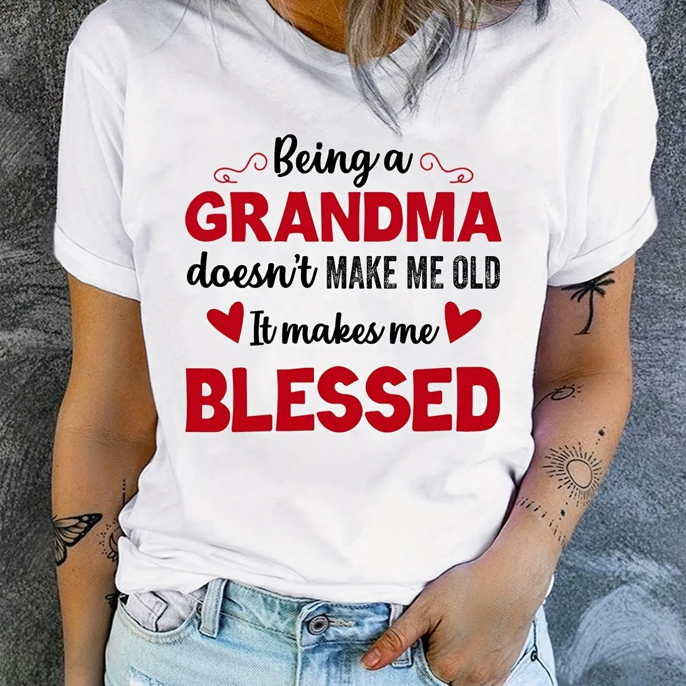 'Being a Grandma' Letter Print T-Shirt, Mother's Day Short Sleeve Crew Neck Casual Top For Spring & Summer, Women's Clothing