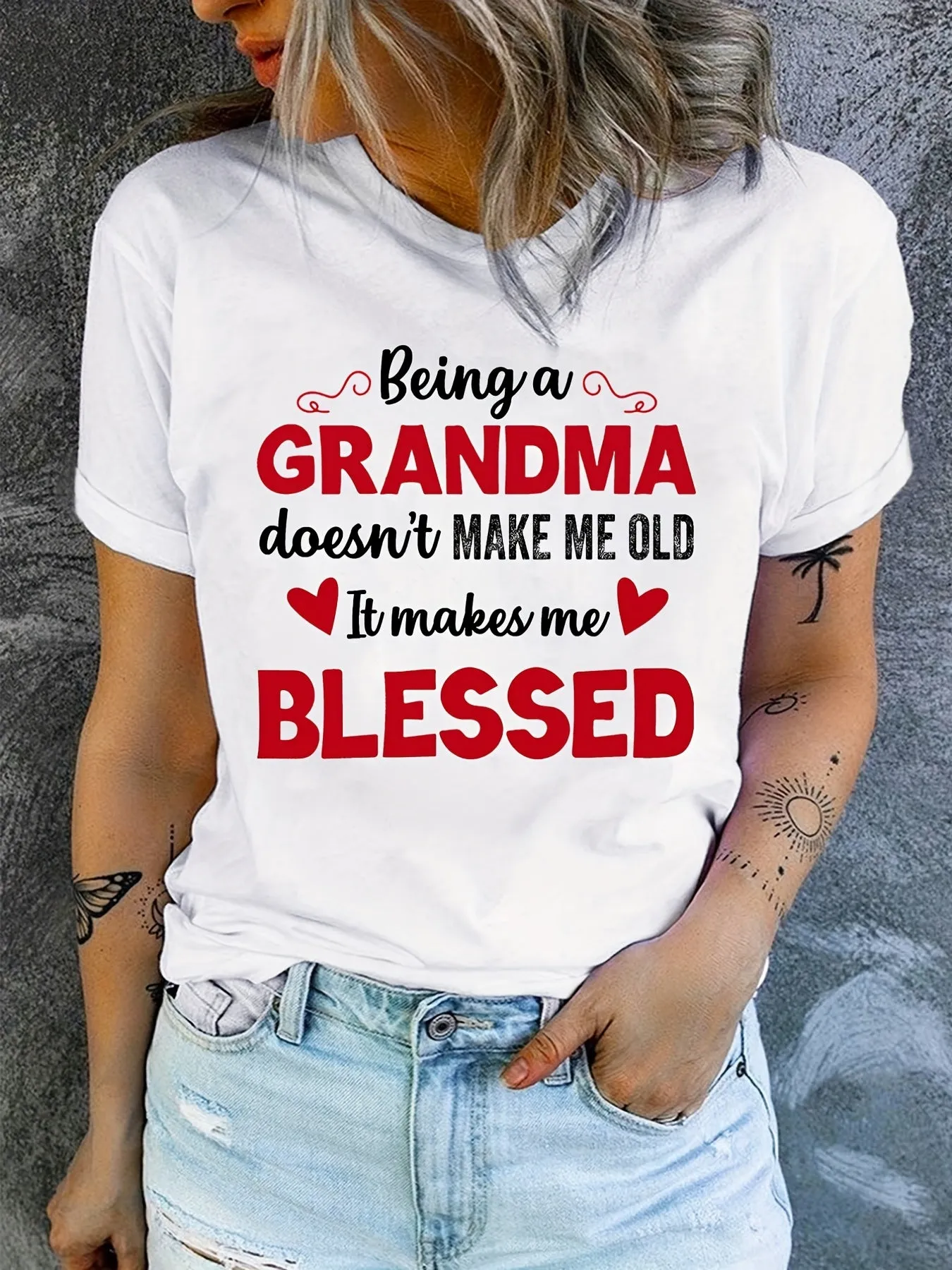 'Being a Grandma' Letter Print T-Shirt, Mother's Day Short Sleeve Crew Neck Casual Top For Spring & Summer, Women's Clothing