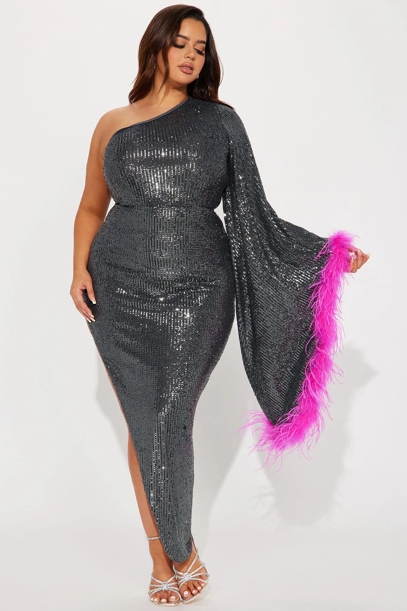 Bella Feathered Maxi Dress - Gunmetal/Pink