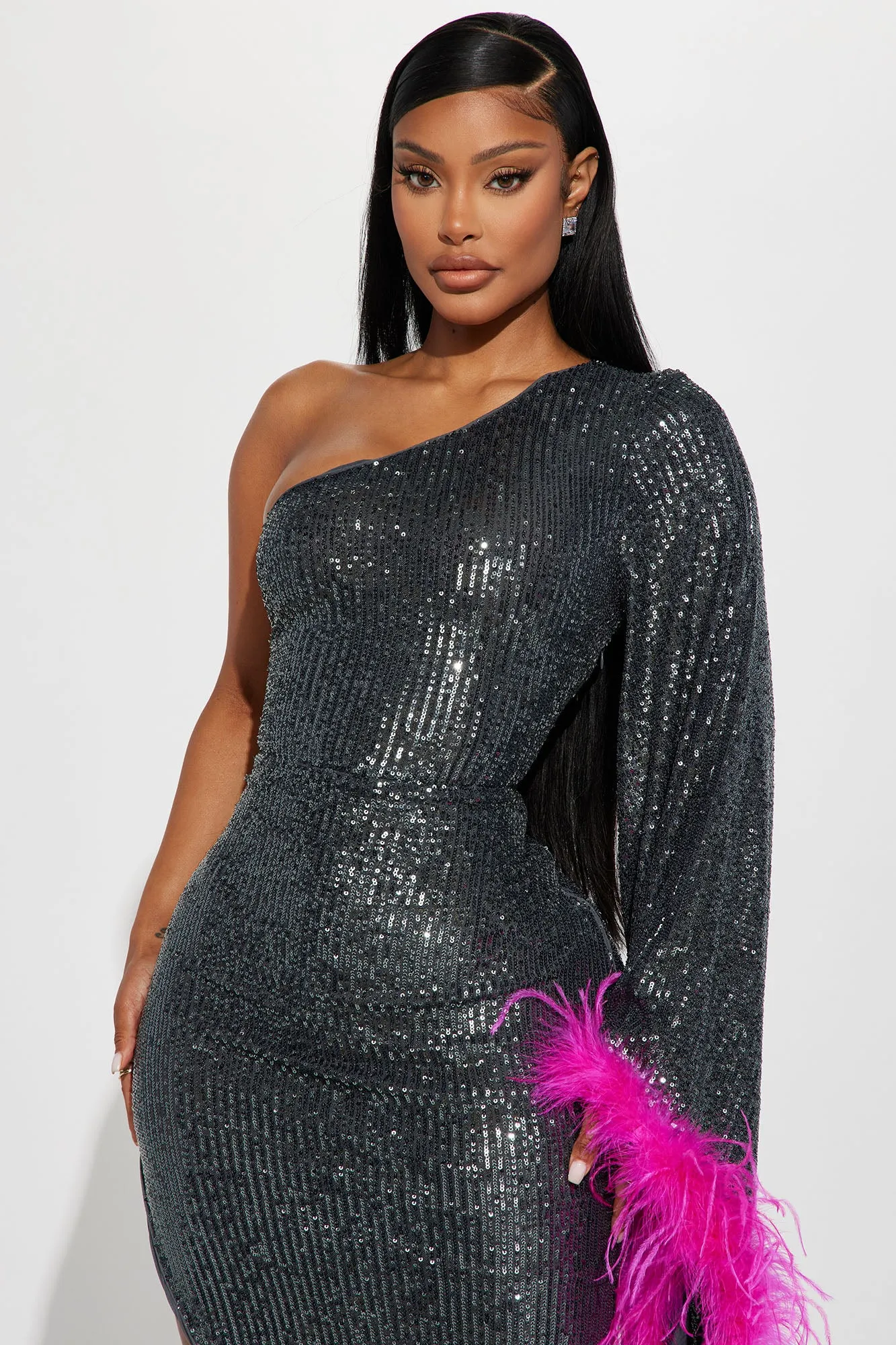 Bella Feathered Maxi Dress - Gunmetal/Pink