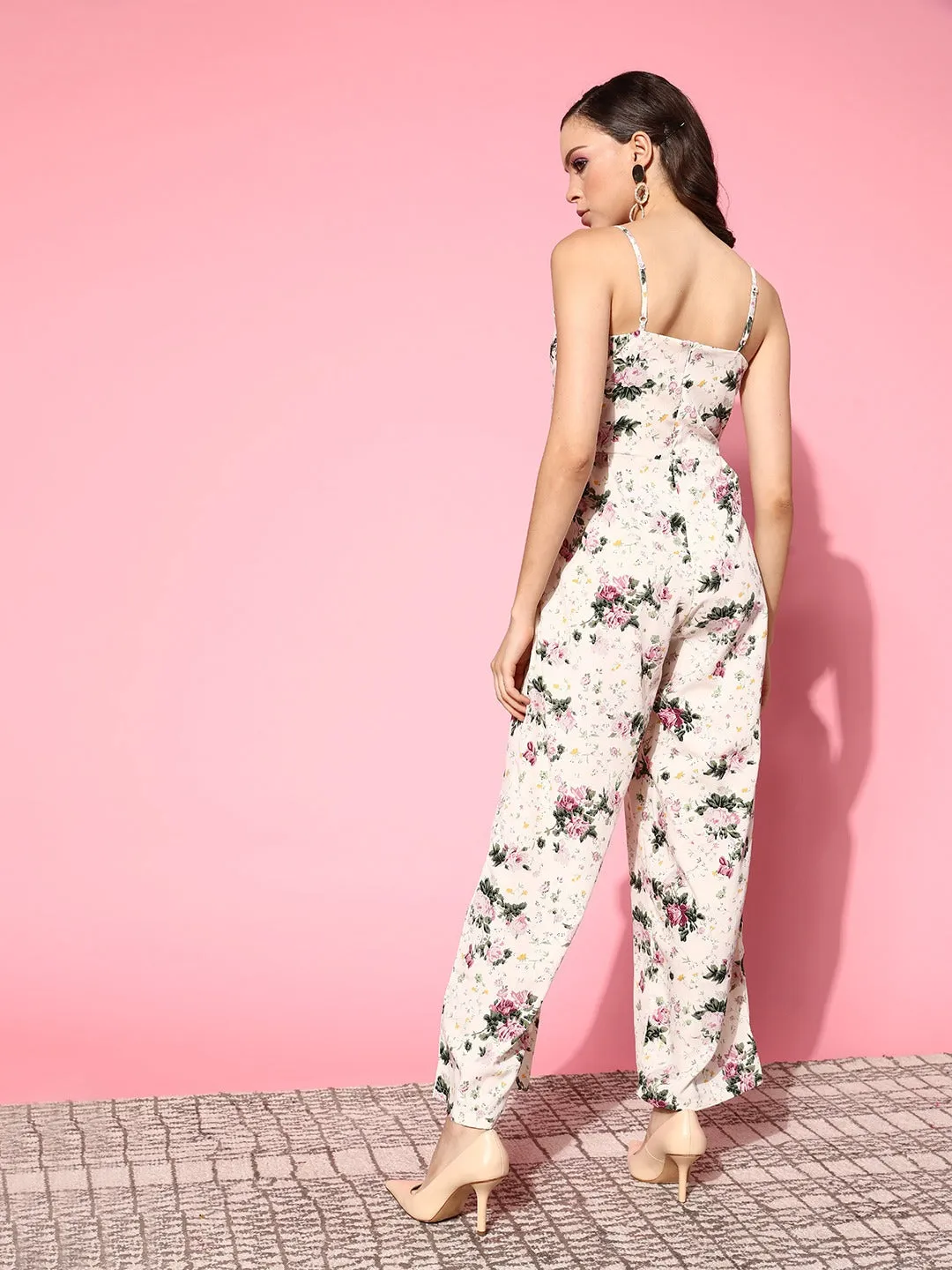 Berrylush Women Beige & Pink Floral Printed V-Neck Wrap Basic Jumpsuit