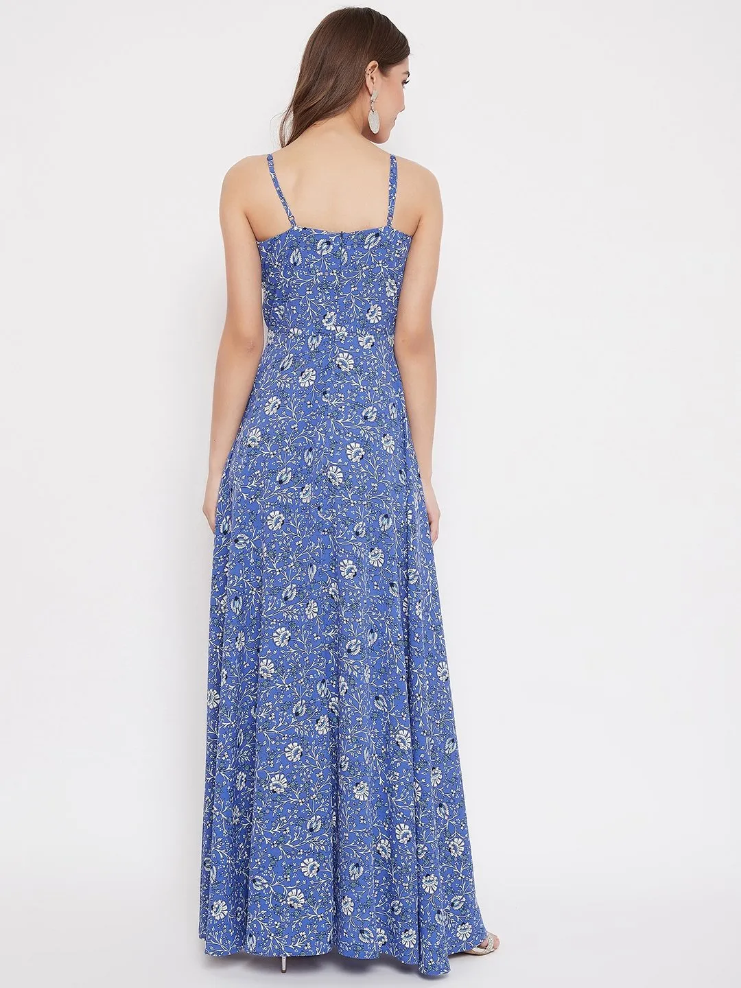 Berrylush Women Blue Floral Printed V-Neck Maxi Dress