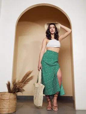 Berrylush Women Green & White Floral Printed High-Rise Waist Thigh-High Slit Flared A-Line Maxi Skirt