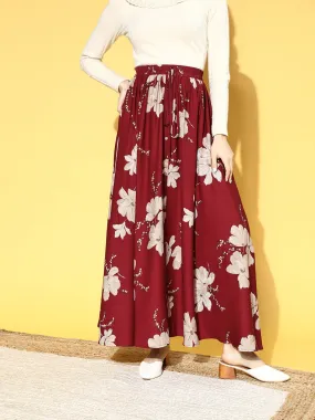 Berrylush Women Maroon & White Floral Printed Waist Drawstring Flared A-Line Maxi Skirt