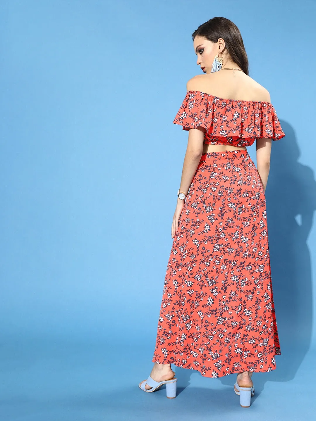 Berrylush Women Orange Floral Printed Off-Shoulder Co-Ordinate Maxi Dress