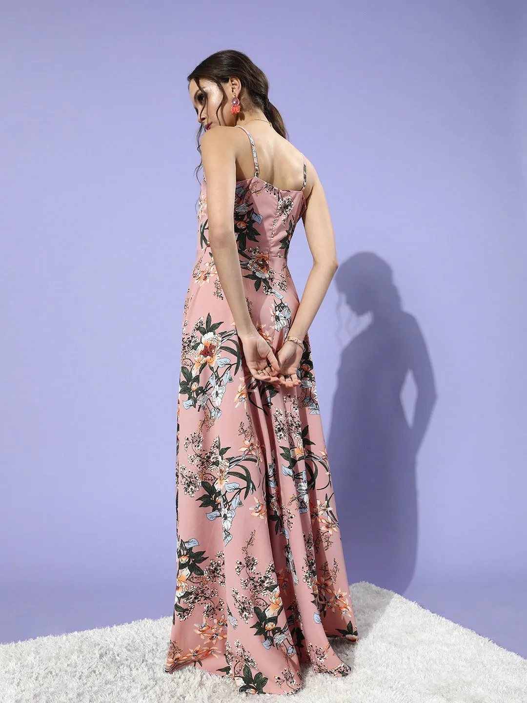 Berrylush Women Pink Floral Printed V-Neck Crepe A-Line Maxi Dress