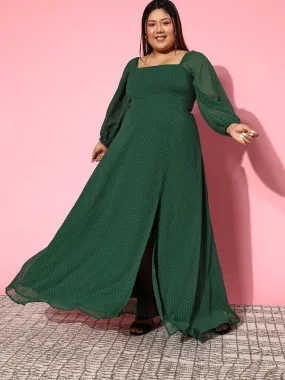 Berrylush Women Plus Size Solid Green Dobby Weave Square Neck Thigh-High Slit Flared Maxi Dress