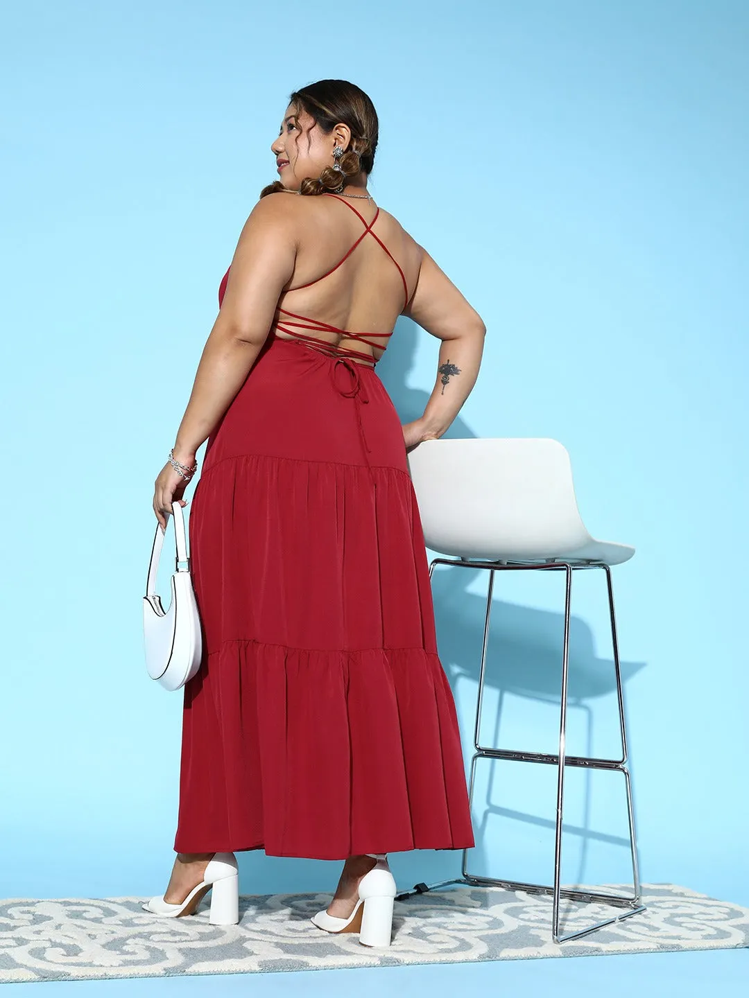 Berrylush Women Plus Size Solid Red Square Neck Sleeveless Tie-Up Caged Back Flared A-Line Maxi Dress