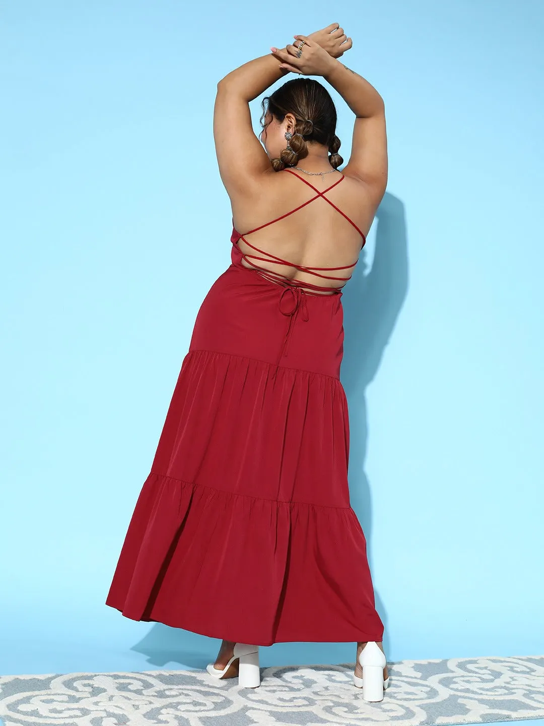 Berrylush Women Plus Size Solid Red Square Neck Sleeveless Tie-Up Caged Back Flared A-Line Maxi Dress