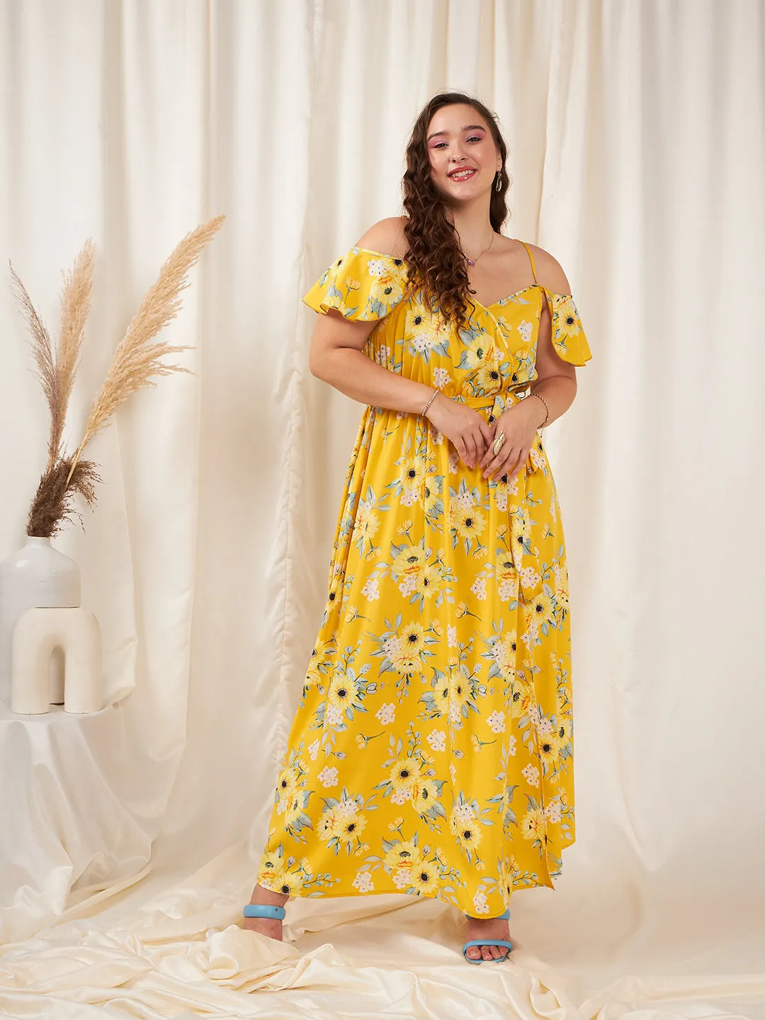 Berrylush Women Plus Size Yellow & White Floral Printed V-Neck Cold-Shoulder Sleeve Tie-Up Waist Thigh-High Slit Flared Maxi Dress