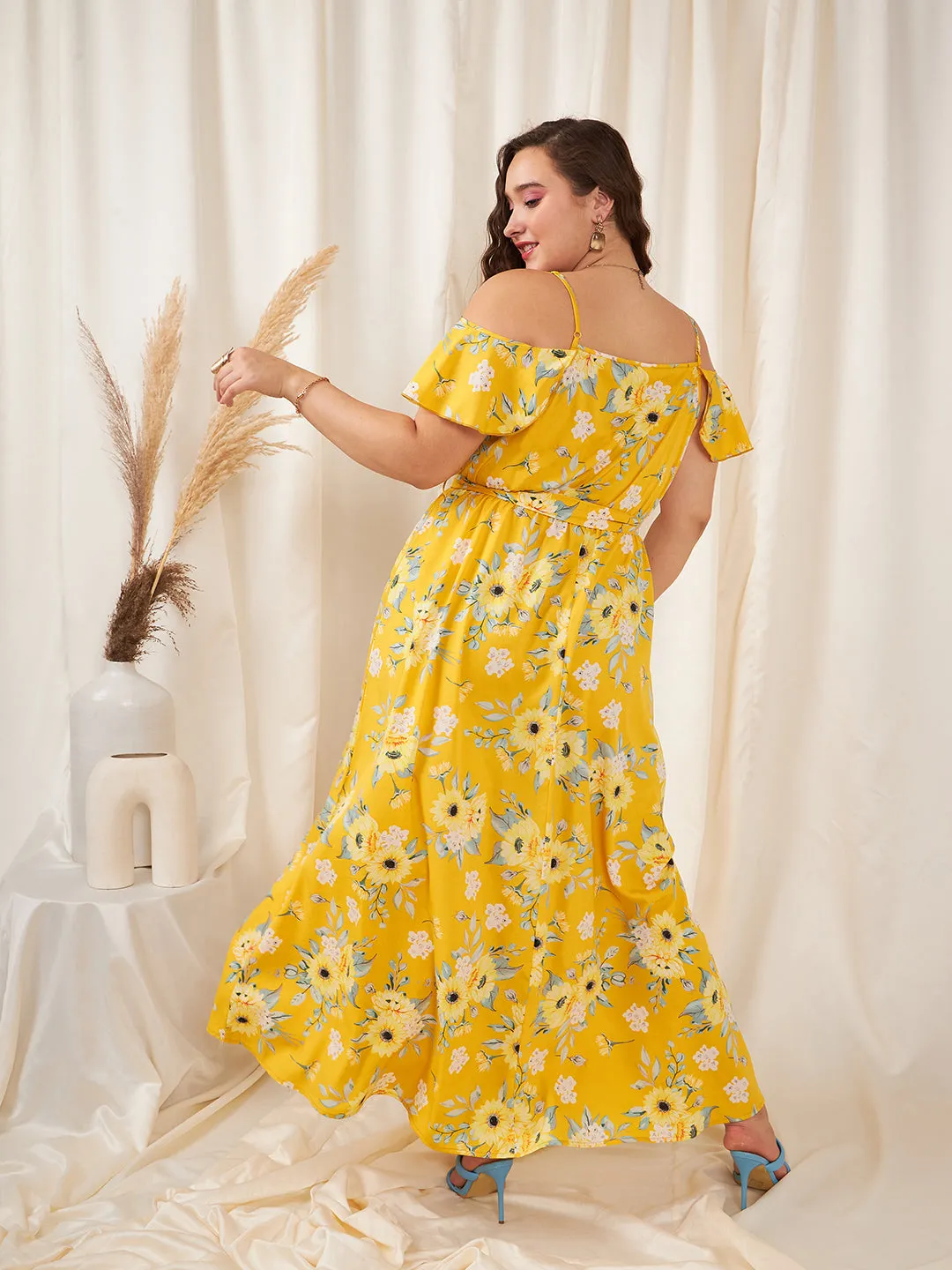 Berrylush Women Plus Size Yellow & White Floral Printed V-Neck Cold-Shoulder Sleeve Tie-Up Waist Thigh-High Slit Flared Maxi Dress