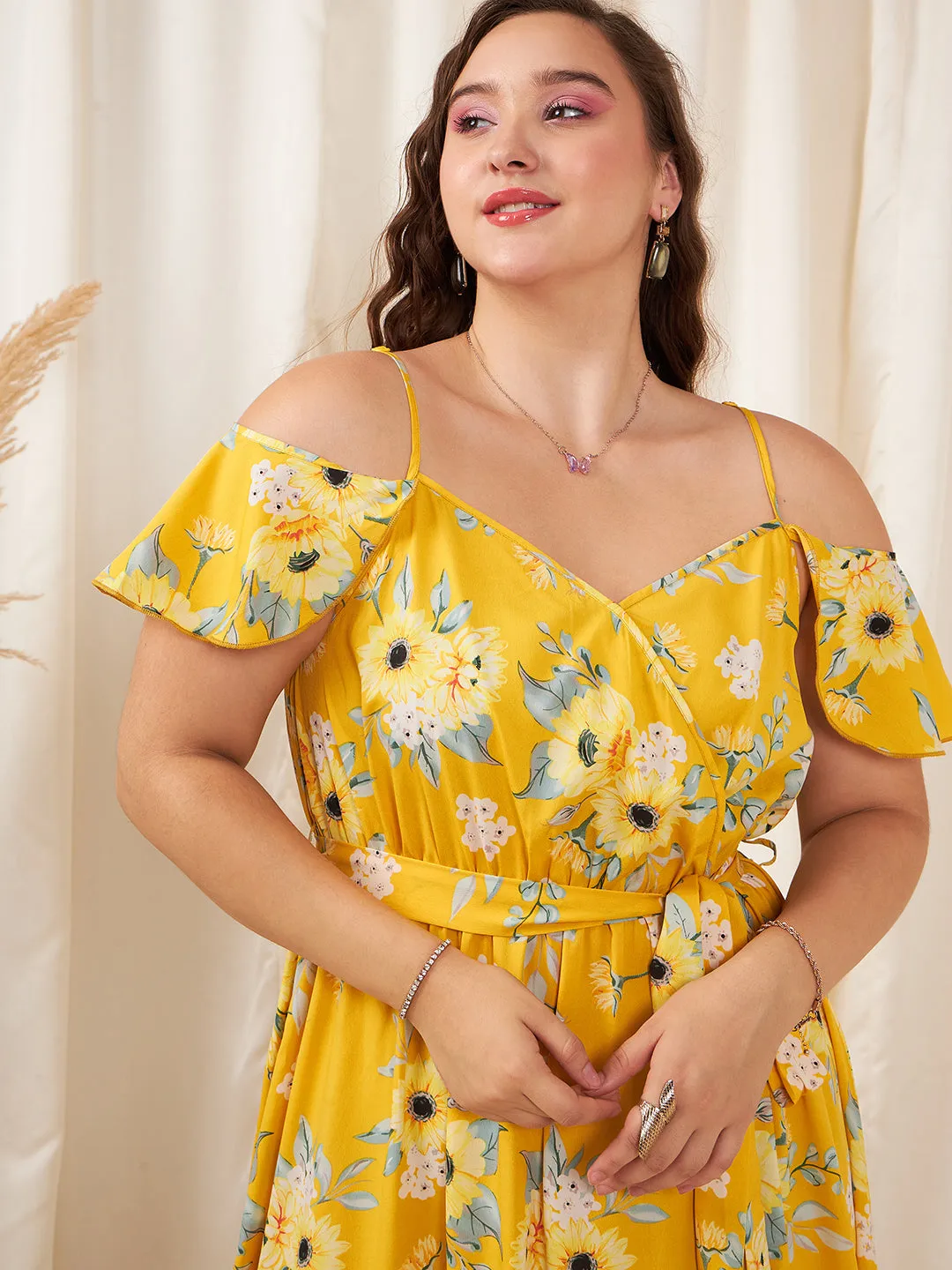 Berrylush Women Plus Size Yellow & White Floral Printed V-Neck Cold-Shoulder Sleeve Tie-Up Waist Thigh-High Slit Flared Maxi Dress