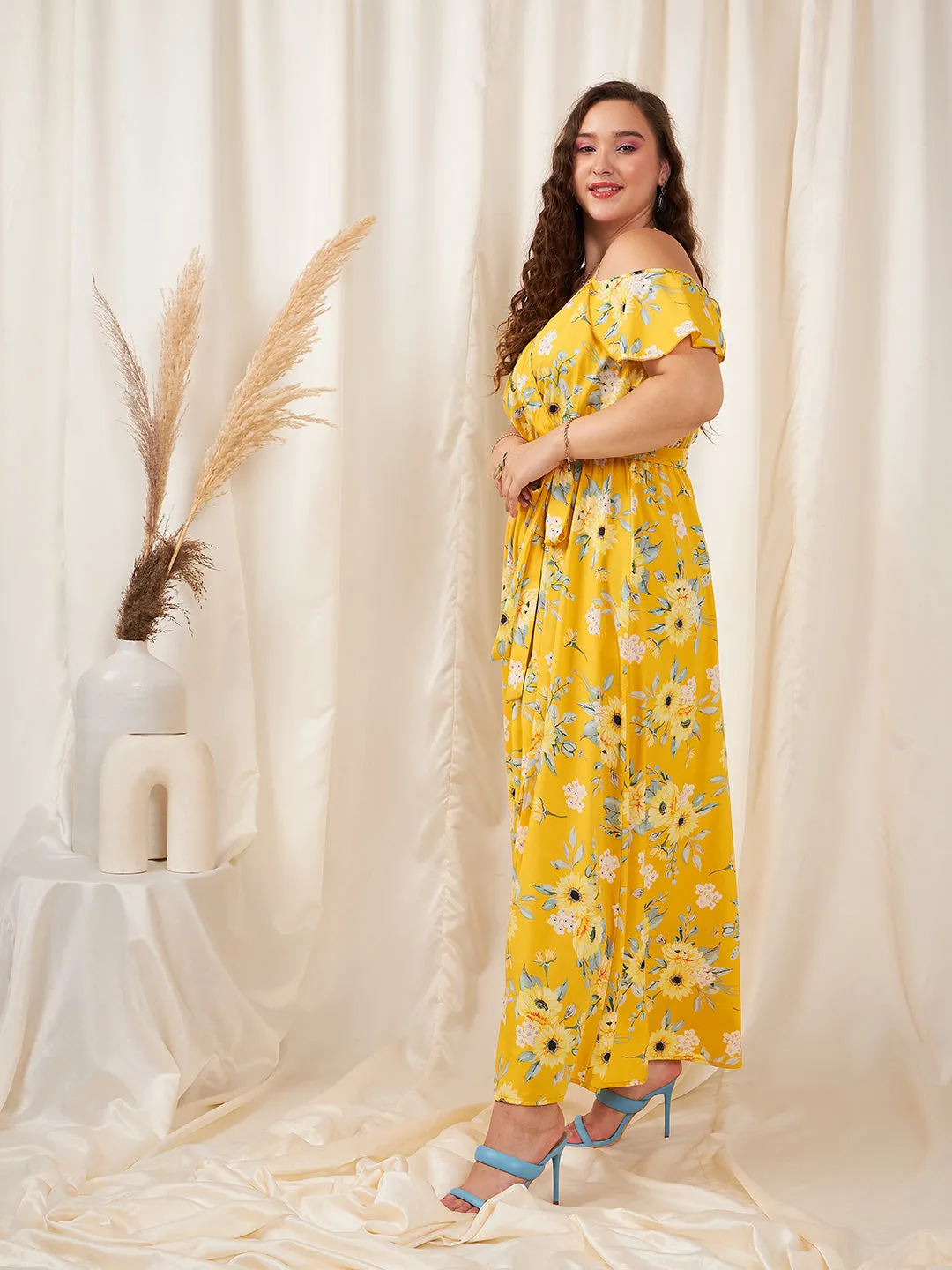 Berrylush Women Plus Size Yellow & White Floral Printed V-Neck Cold-Shoulder Sleeve Tie-Up Waist Thigh-High Slit Flared Maxi Dress