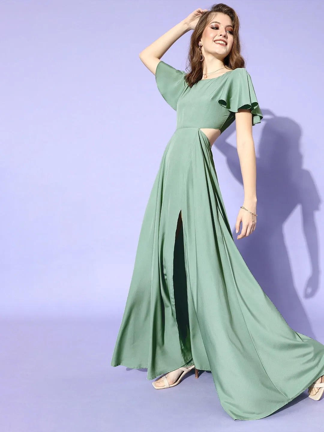 Berrylush Women Solid Green Side Slit Cutout Maxi Dress