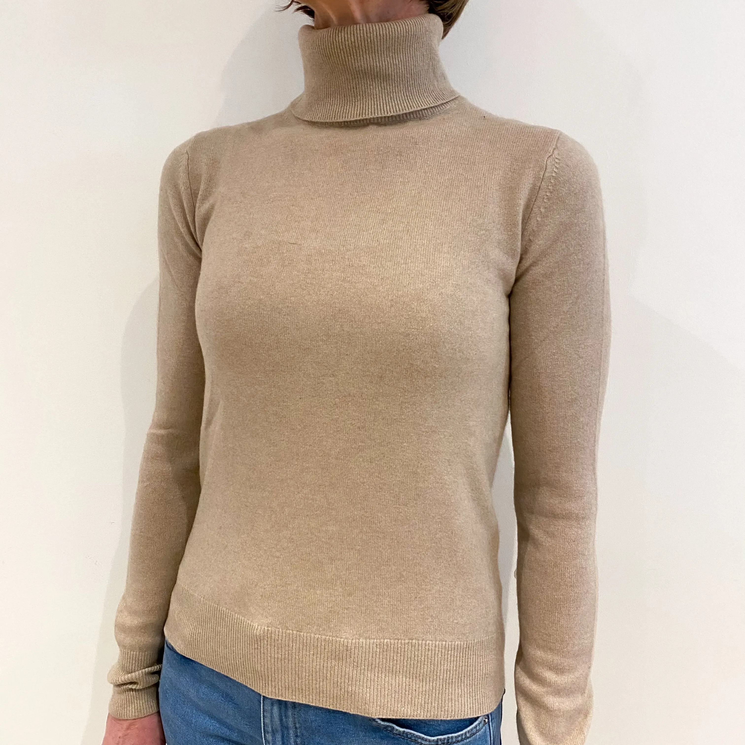 Biscuit Beige Cashmere Polo Neck Jumper Small