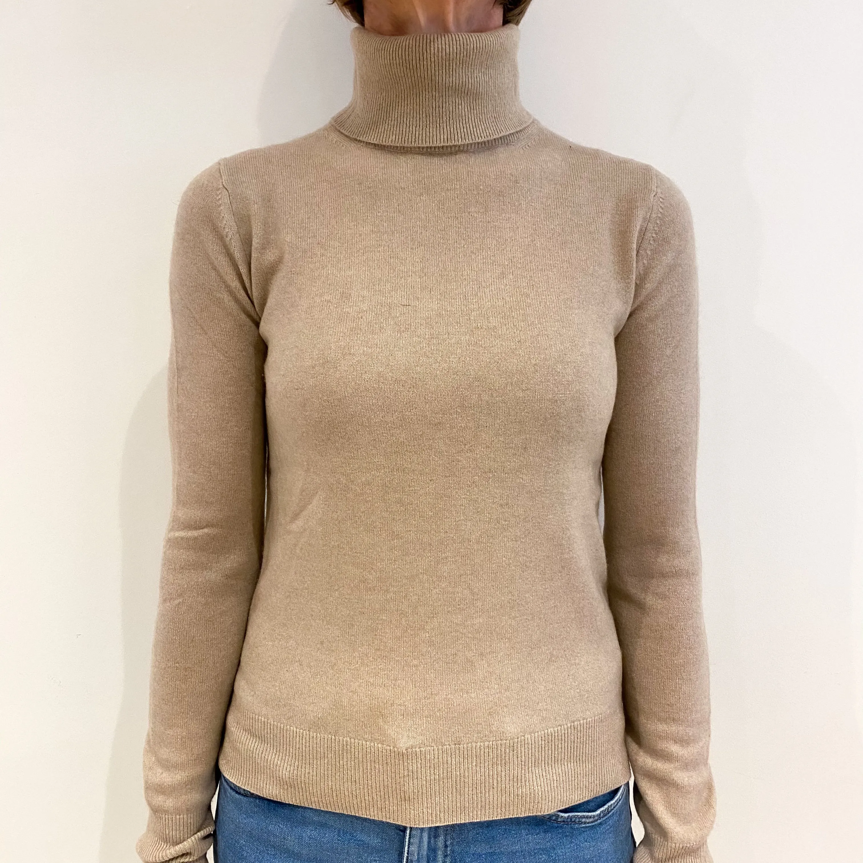 Biscuit Beige Cashmere Polo Neck Jumper Small