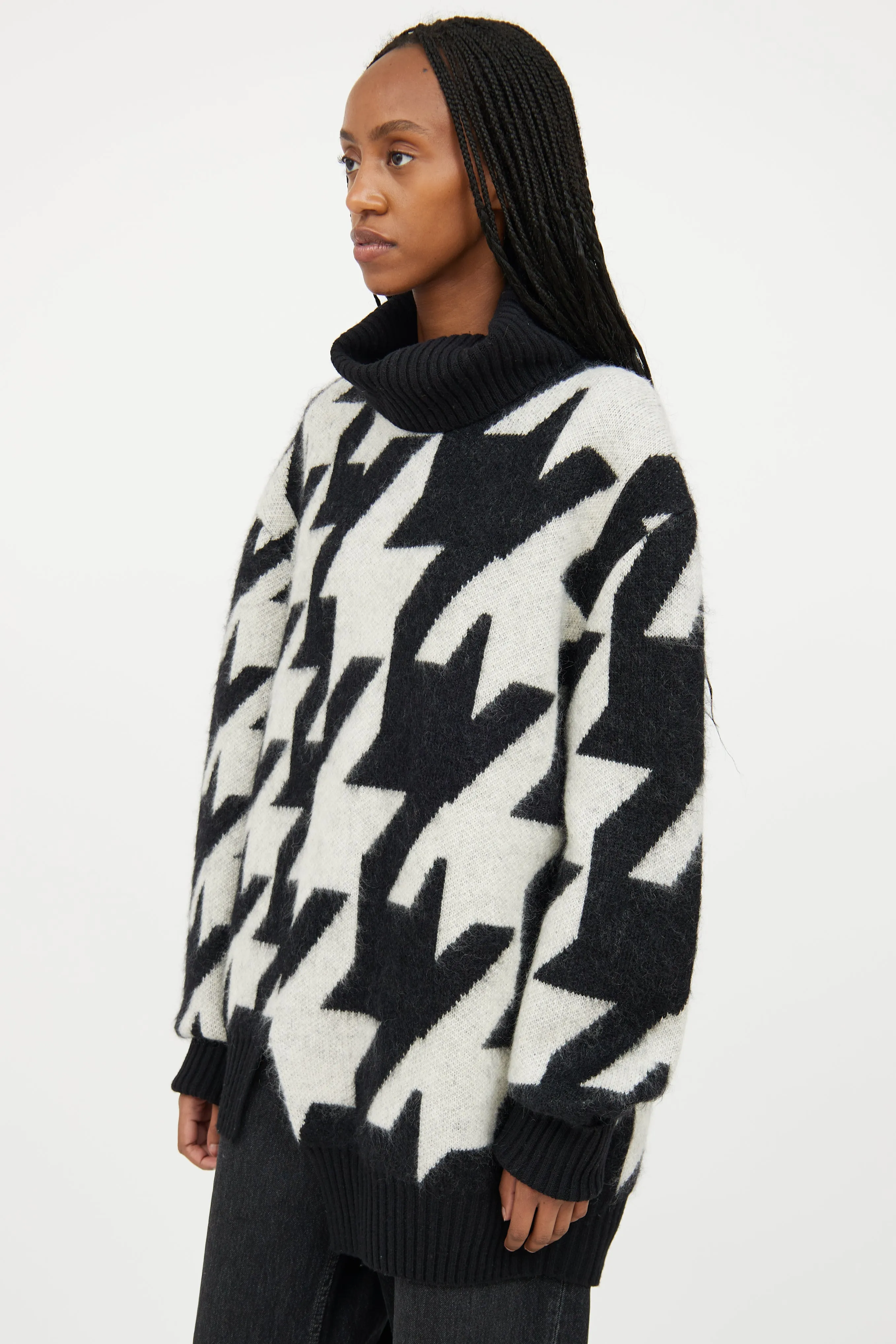 Black & White Mohair Geometric Knit Turtleneck