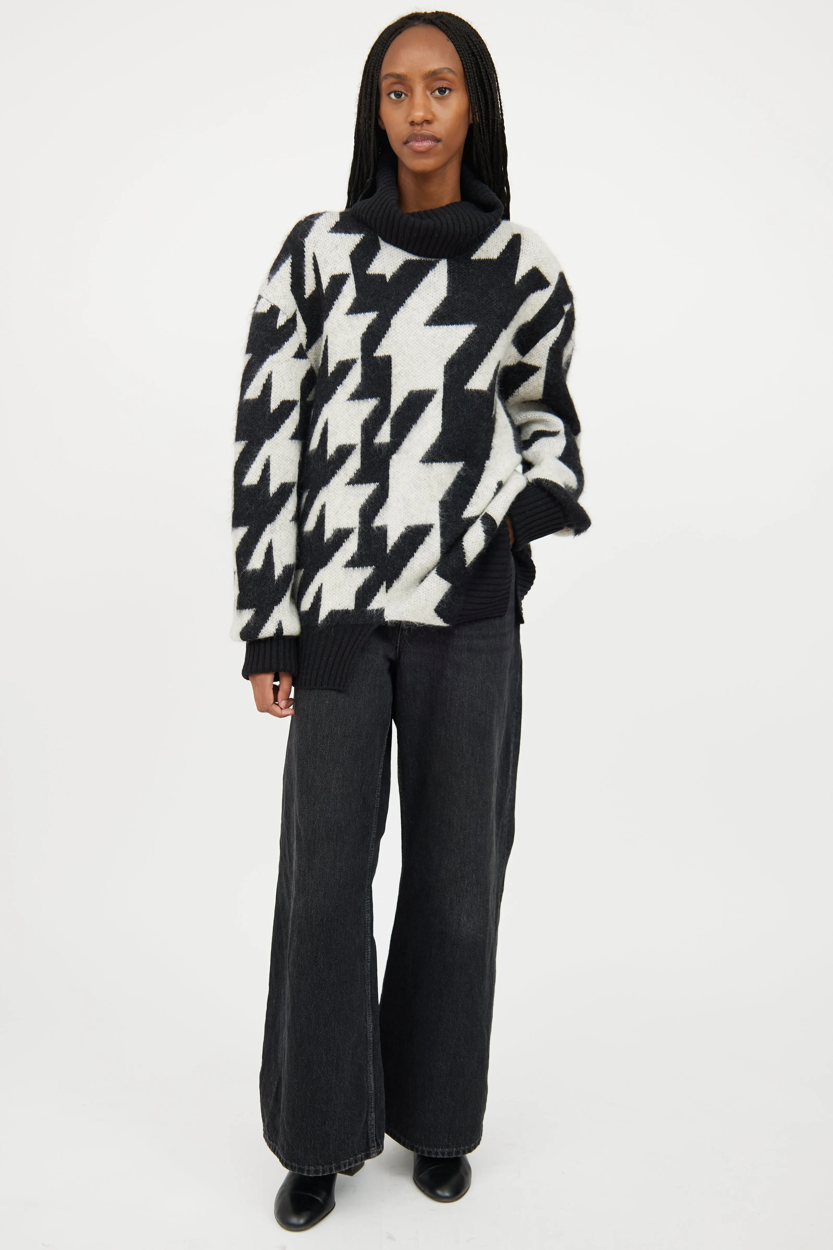 Black & White Mohair Geometric Knit Turtleneck