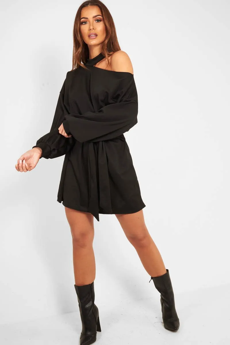 Black Belted Cold Shoulder Jumper Dress - Elston